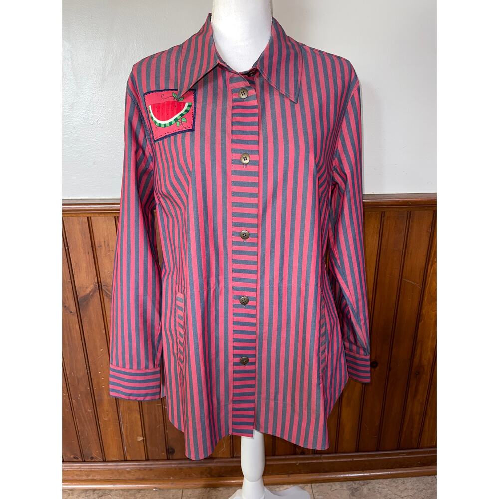 Womens Cabi Red Black Striped Button‎ Down Regatta Shacket w/Patches Size M